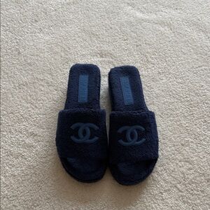CHANEL Dark Blue Plush Slides